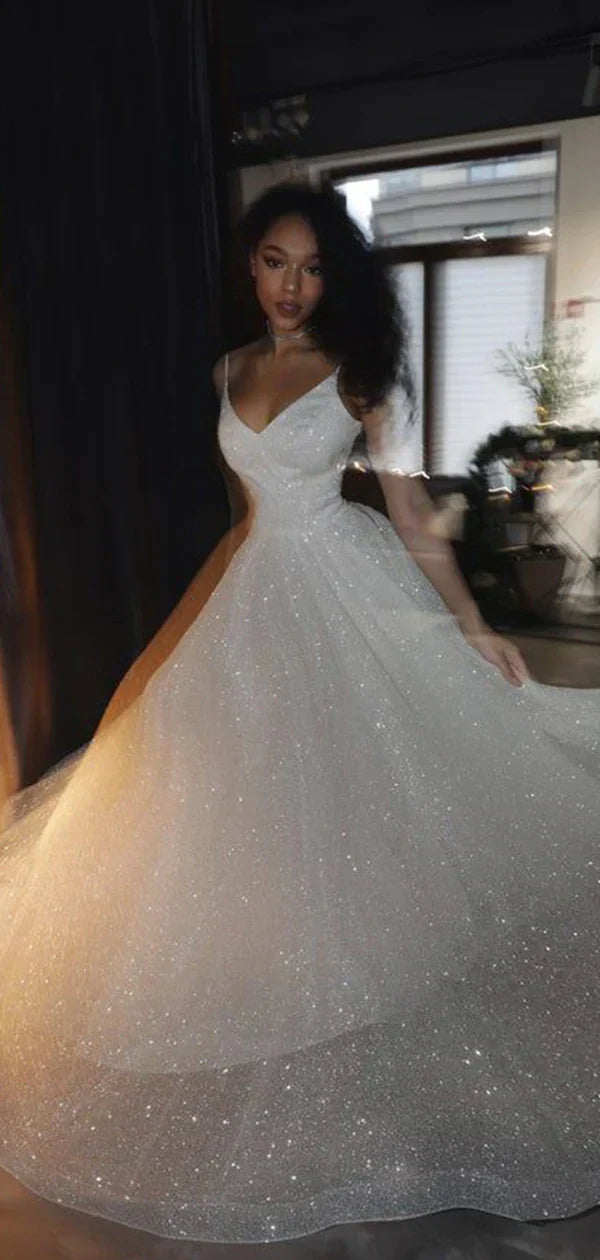 SSR1731,Sparkle A-Line White Prom Dresses, Princess Wedding Dresses, Pretty Evening Party Gown