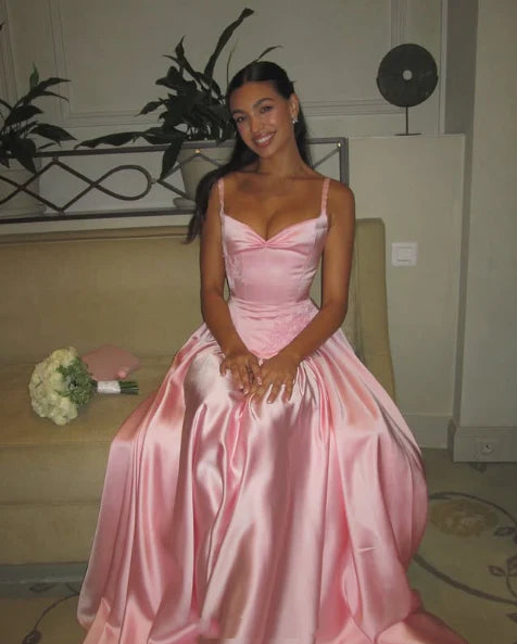 A Line Spaghetti Long Pink Straps Floor-length Satin Evening Dress Prom Dresses,SSR1095