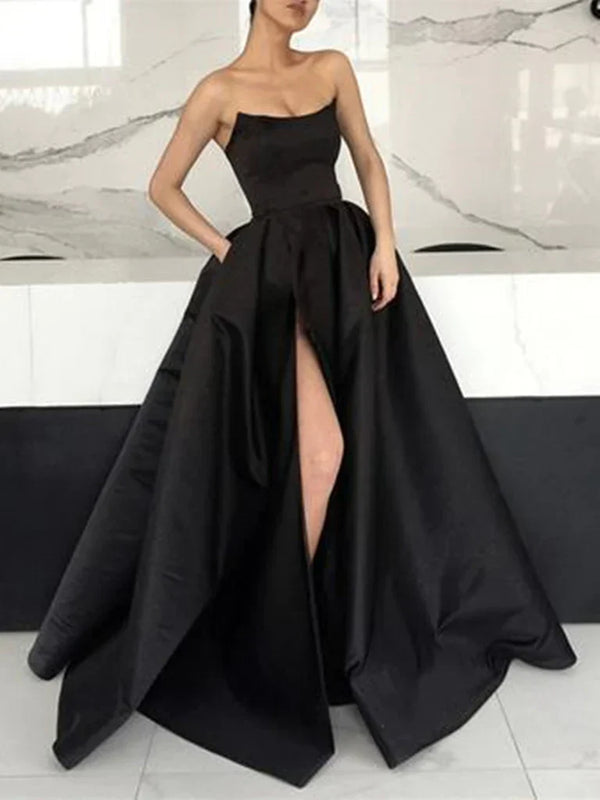 SSR1586,Black Strapless Satin A-Line Long Prom Formal Gown,Split Evening Dresses