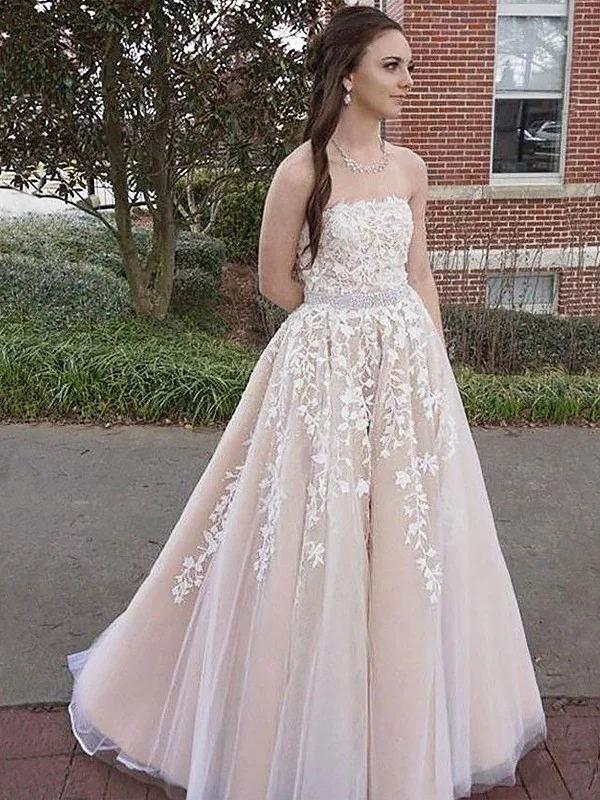 SSR0419,Elegant strapless a line prom dresses applique tulle evening dress