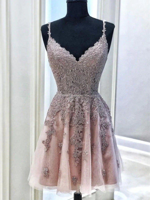 SSR1067,Dusty pink applique beaded tulle homecoming dresses back to school dress