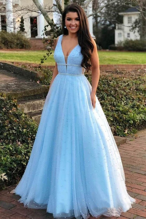 SSR0750,Sky blue prom dress,pearl beaded long evening dresses,tulle formal gown