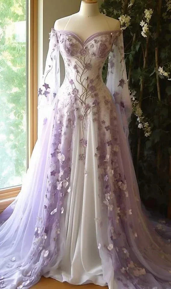 Aesthetic Ball Gown Off The Shoulder Tulle Lilac Party Dresses Long Prom Dress Evening Dresses, SSR3641