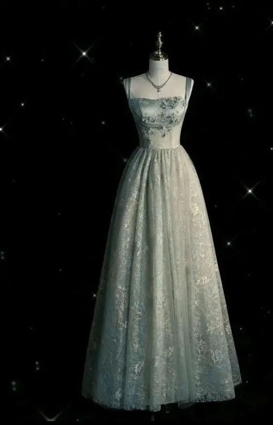 A line Long Tulle Straps Sage Green Prom Dress,SSR1087