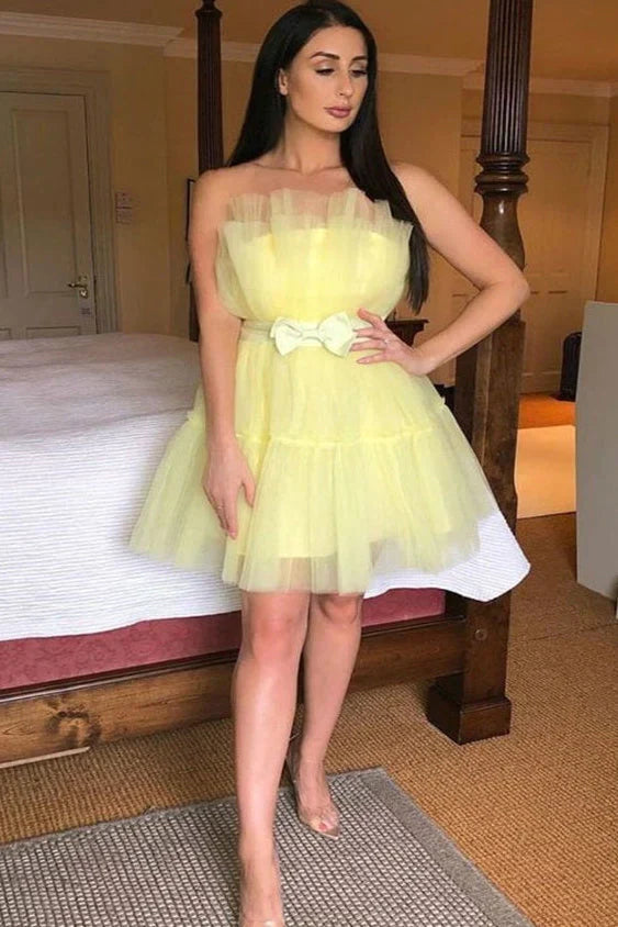 SSR1423,Simple A line Yellow Tulle Strapless Short Prom Dress, Homecoming Dresses