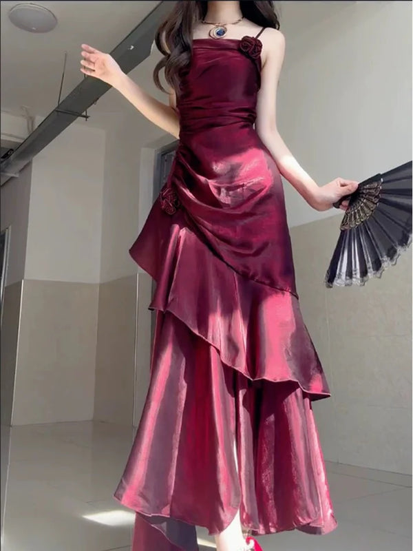 Wine Red Satin Long Straps Prom Dress Wine Red A-line Party Dress，SSR1198