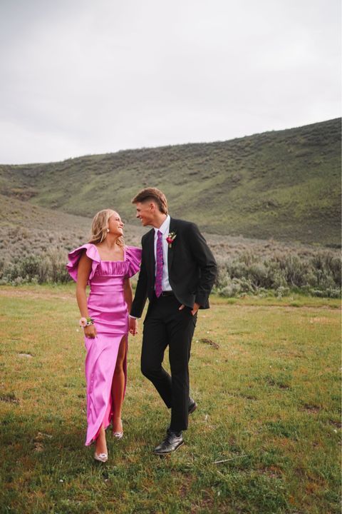 SSR1662,Hot Pink Satin Long Prom Evening Dresses,Side Slit Evening Gown