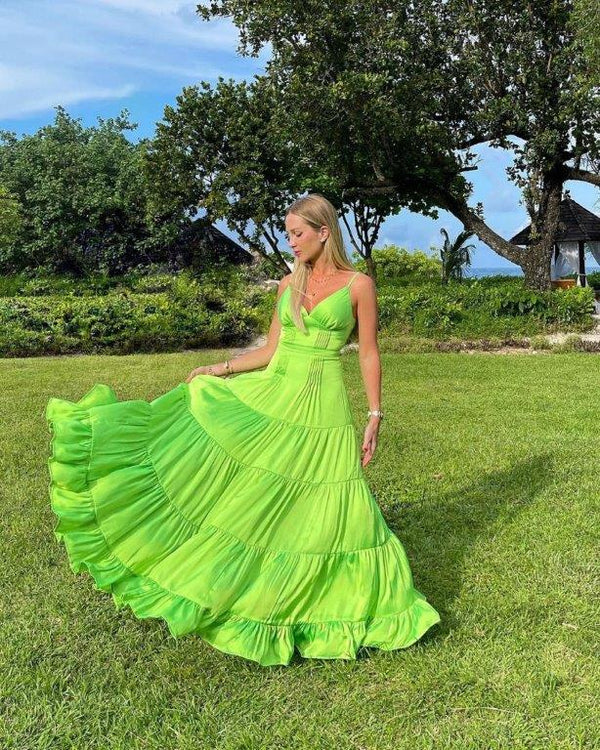 SSR1193,Spaghetti Straps A-Line Prom Dresses,Ruffles V-Neck Evening Gown