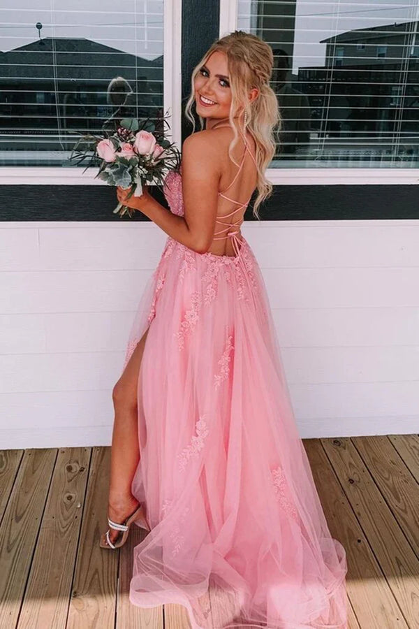 SSR1501,Charming pink lace tulle prom dresses long homecoming dresses formal dress with side slit