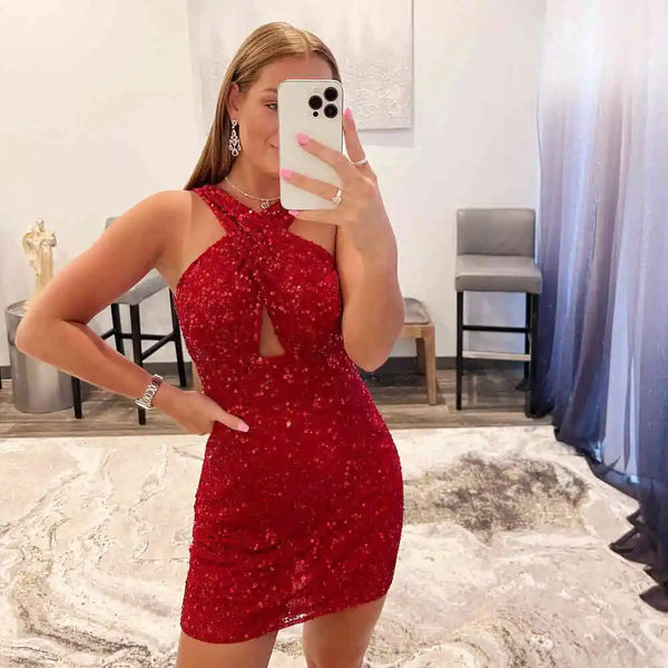 SSR1462,Cross Straps Red Sequined Tight Homecoming Dress