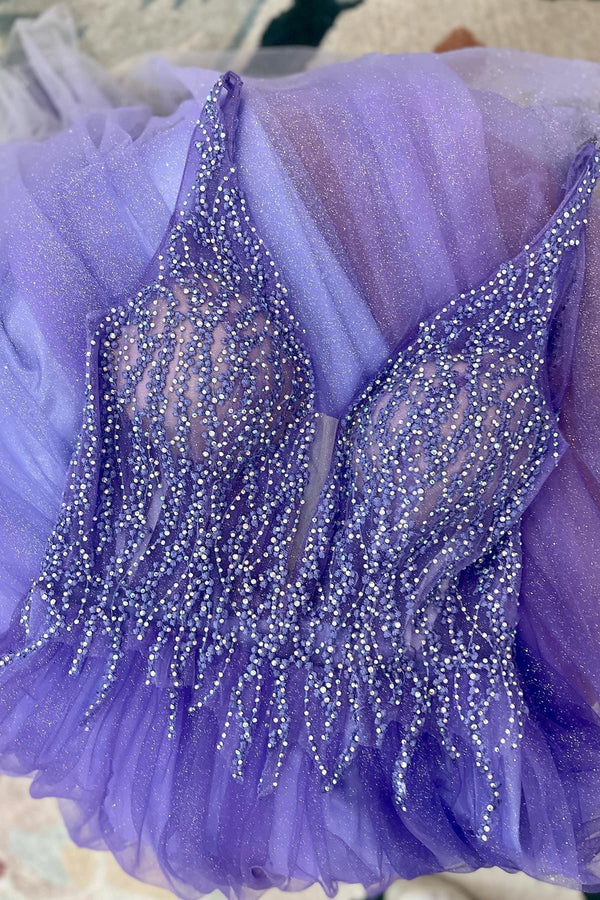 Beaded Purple Tulle A-line Long Formal Dress