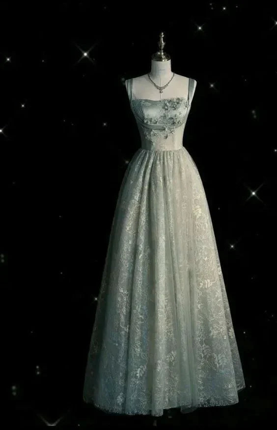 Beautiful A line Straps Sage Green Long Tulle Prom Dress , SSR3644