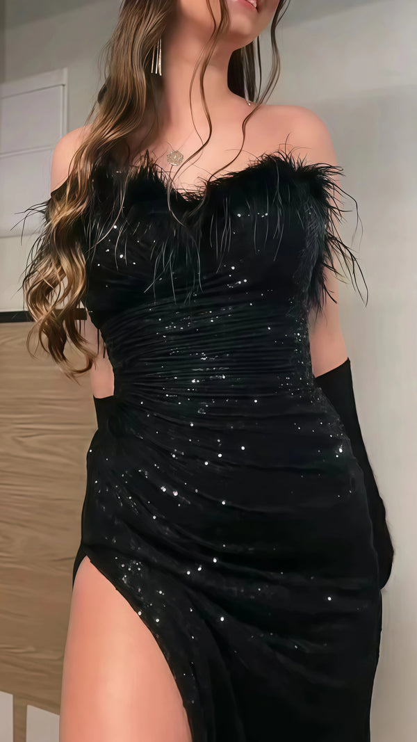 Black Sequin Feather Sweetheart Prom Dress With Split,SSR1005