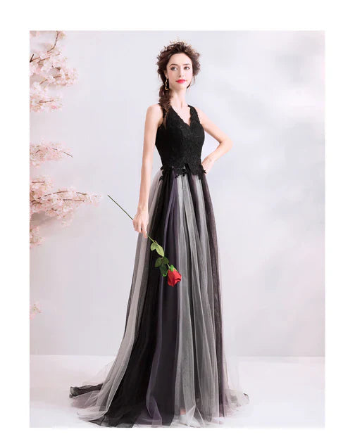 Black V-neckline Lace and Tulle Gradient Long Evening Dress Party Dress Formal Dress Prom Dress Elegant