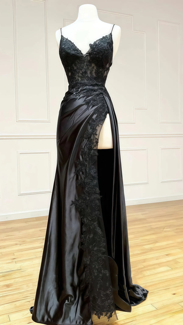 Black Applique Satin Lace Prom Dress With Lace Up Back,SSR1036