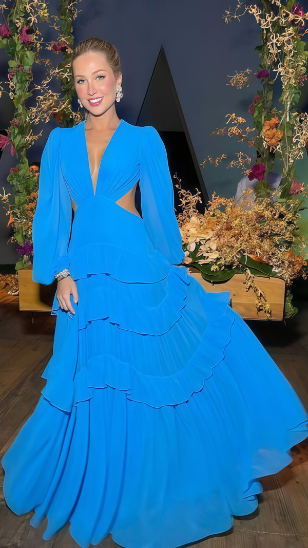 Blue Chiffon Long Sleeves Prom Dress With Open Back,SSR1006
