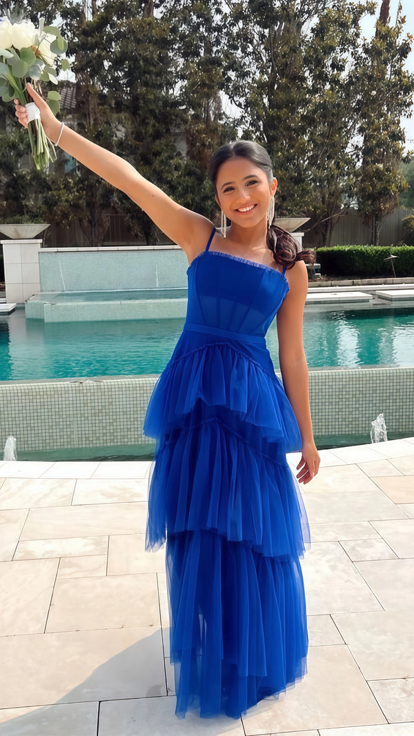Blue Prom Dresses, Tulle Evening Dress, Ruffle Senior Prom Dress,SSR1008