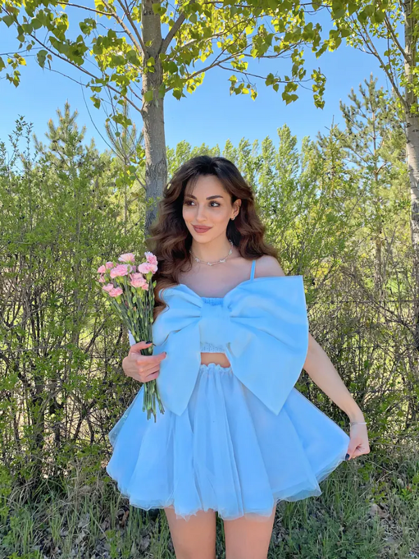 SSR1824,Sky Blue Chiffon Bowknot A-Line Homecoming Dresses, Cute Blue Homecoming Dress