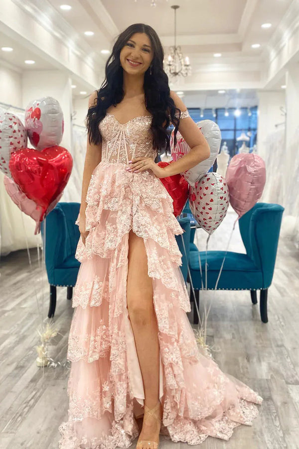 Blush Pink Off The Shoulder Sequin Lace Ruffle Prom Dresses