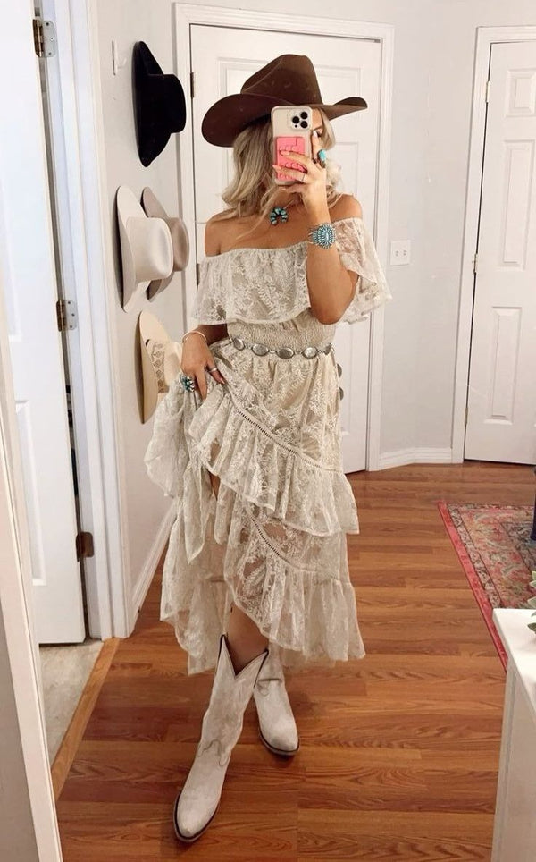 Boho Style Dusty White Lace Party Dress Off The Shoulder Prom Hoco Dress, SSR3295