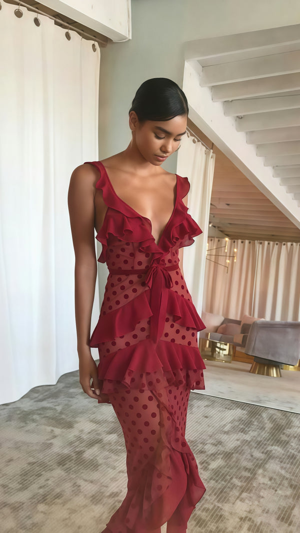 Burgundy Chiffon Dots Bodycon Prom Dress V-neck Party Dress,SSR1009