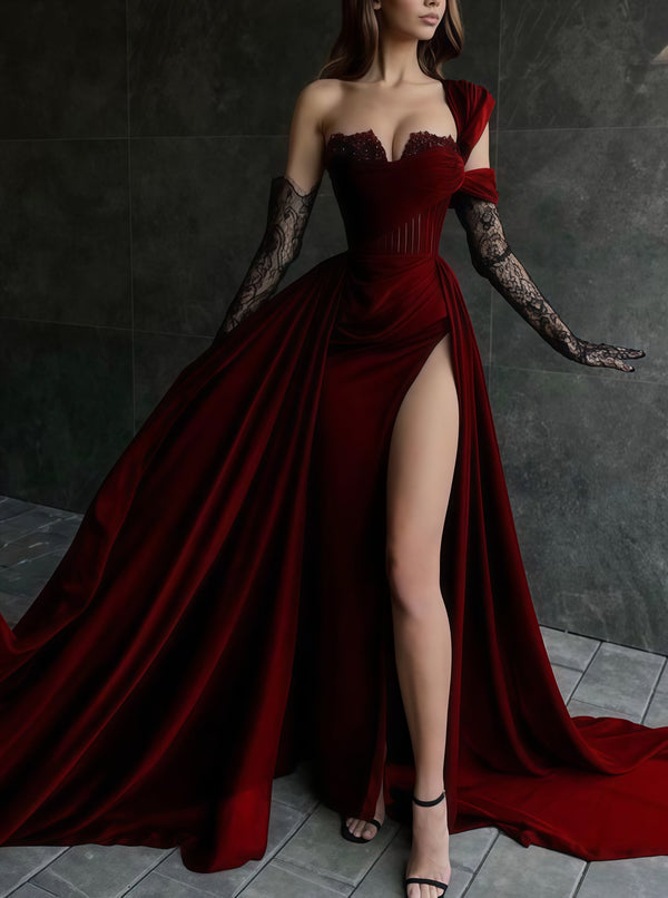 Burgundy Velvet Split Evening Prom Dress With Hight Split,SSR3540