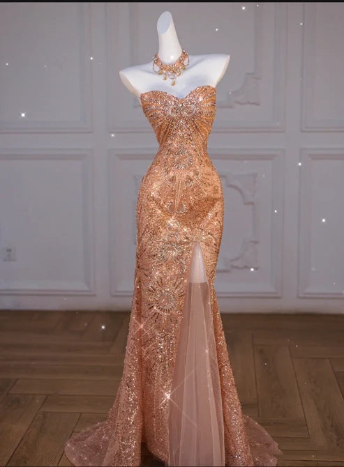Classy Mermaid Off The Shoulder Slit Sequin Long Party Dress Prom Dresses,SSR1165