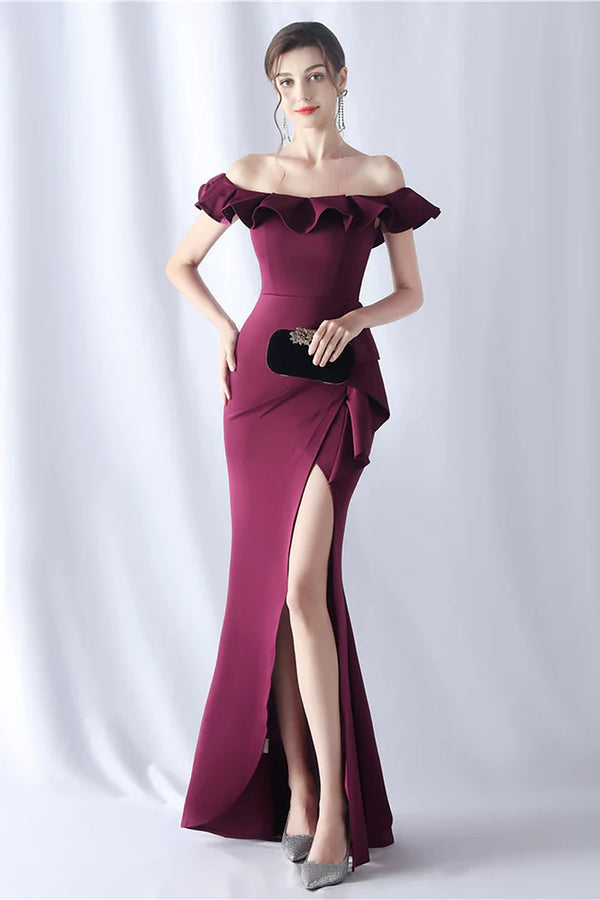 Burgundy Mermaid Off the Shoulder Long Formal Dress with Ruffles，SSR1223