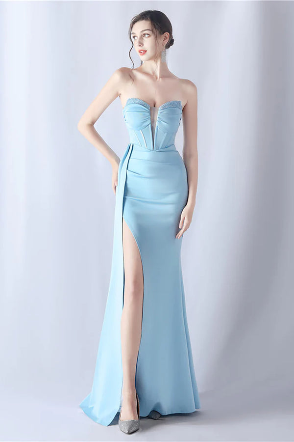 Navy Mermaid Strapless Long Corset Prom Dress with Slit，SSR1220