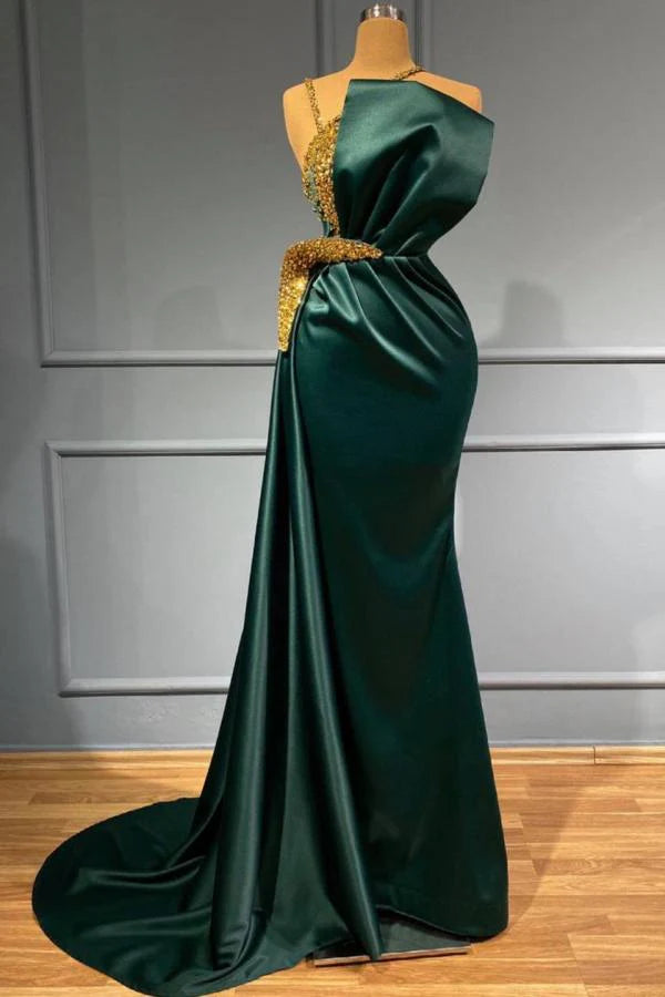 Charming Green Mermaid Evening Dress with Sparkly Gold Pearls Embellishment,SSR1126