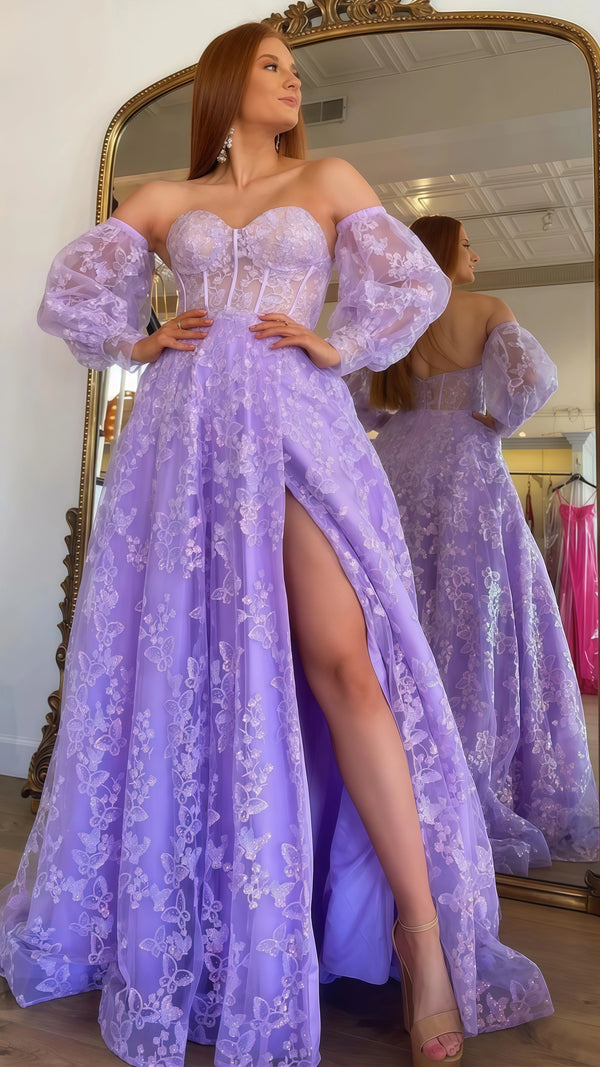 Chic Lilac A-Line Split Prom Dress, Bubble Sleeves Lace Prom Gala Dress,SSR1040