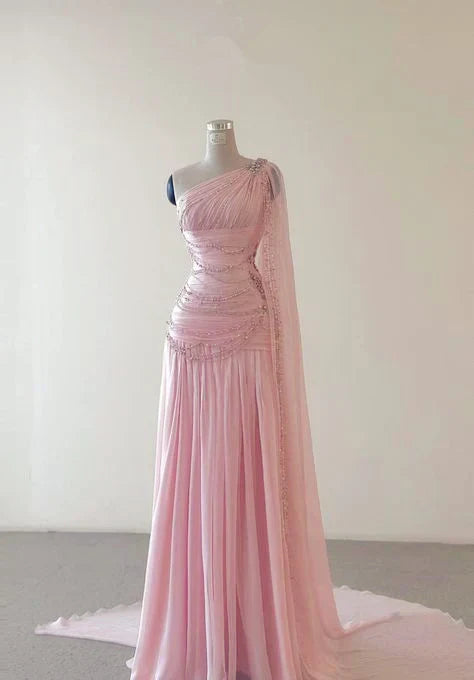 Classy A Line One Shoulder Pink Chiffon Evening Gown Prom Dresses , SSR3625