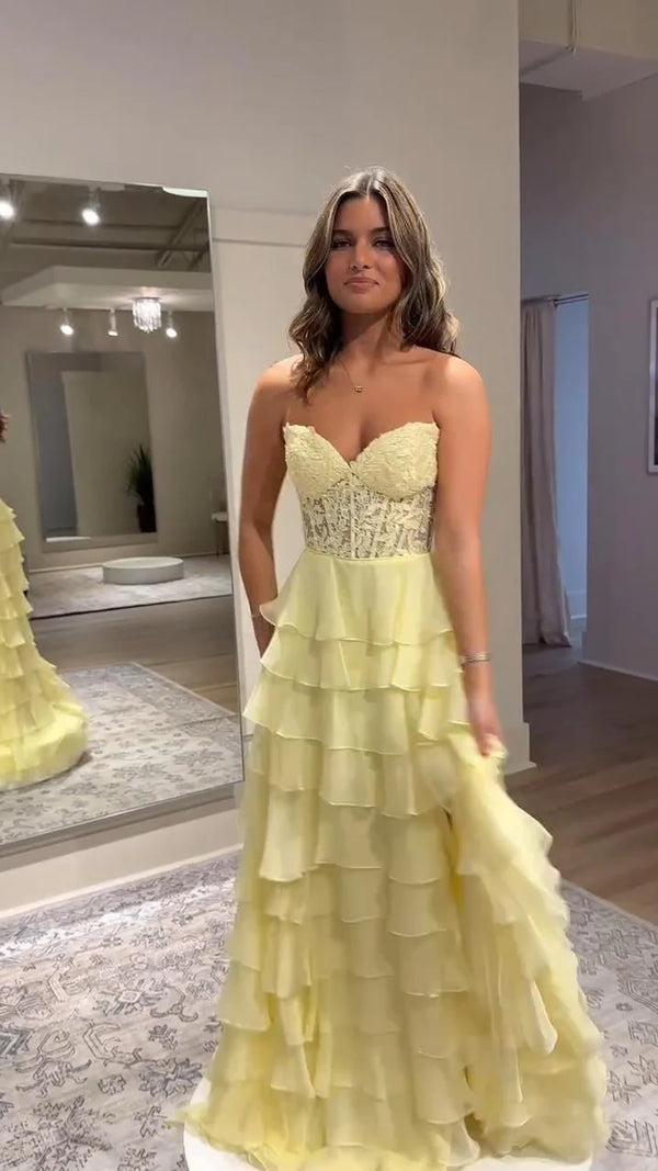 Classy Ball Gown Sweetheart Yellow Slit Chiffon Prom Dresses Party Dress 20th Birthday Outfits Graduation Dress