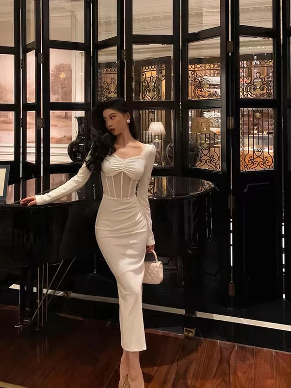 Classy Sheath Long Sleeves White Prom Dresses Birthday Outfits Evening Gown , SSR3611