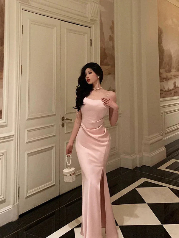 Classy Sheath Spaghetti Straps Pink Satin Prom Dresses Birthday Outfits Evening Gown, SSR3600