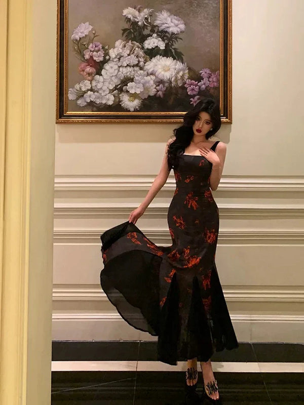 Classy Sheath Straps Black Floral Prom Dresses Birthday Outfits Evening Gown , SSR3619