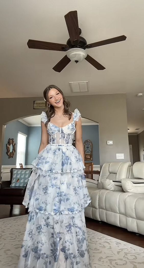 Cute Floral Ruffle Chiffon Prom Dress Long Evening Gown