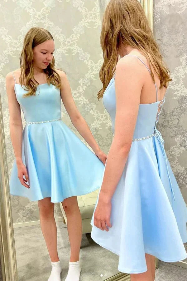 Cute Light Blue A-Line Satin Homecoming Dresses, SSR3005