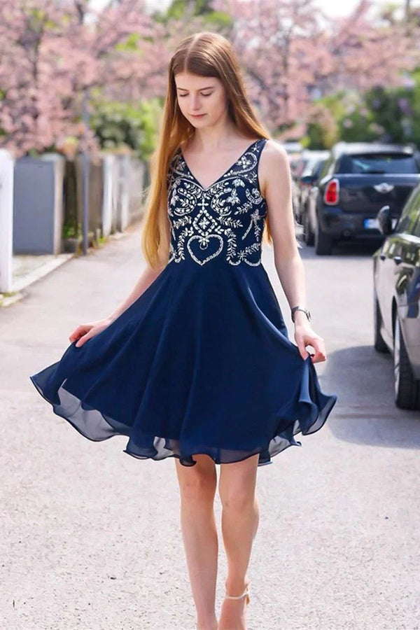 SSR1404,Navy Blue Chiffon Beaded A-Line Homecoming Dresses Short Prom Dress