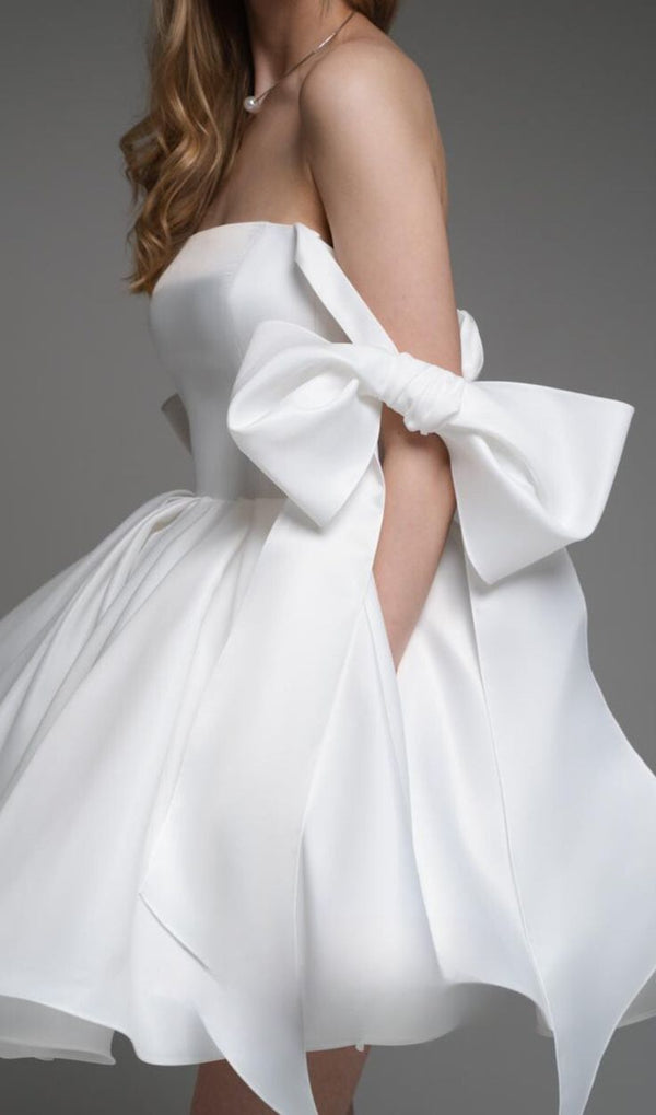 Cute White Satin Ball Gown A-Line Homecoming Dresses With Bowknot Straps, SSR3119