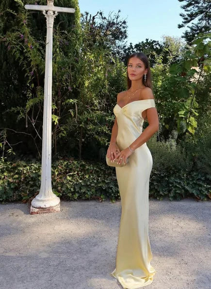 Classy Mermaid Off The Shoulder Yellow Satin Long Evening Dress Prom Dresses,SSR1117