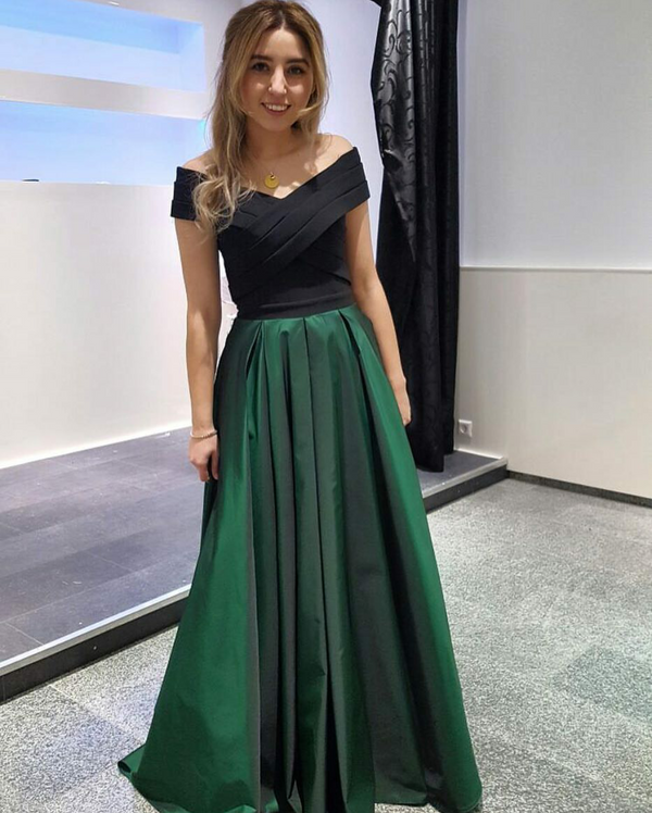 SSR0768,Off the shoulder prom dress,black green satin long evening formal gown