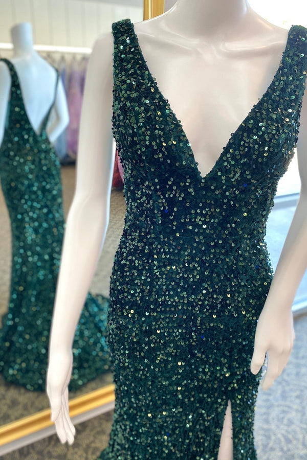 Dark Green Sequin V Neck Mermaid Long Prom Dress