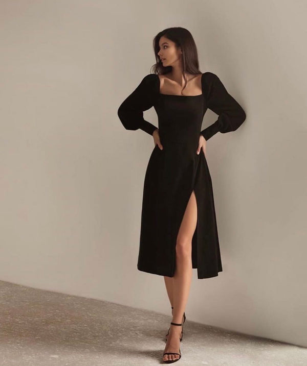 SSR0612,Black long sleeves prom dress middle length homecoming dresses with slit