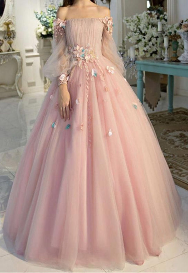 SSR1016,Long Sleeve Prom Dresses, Pearl Pink Ball Gown Long Floral Fairy Prom Dress