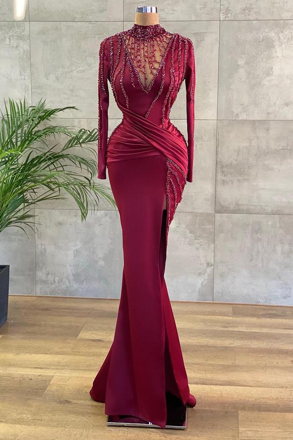 Elegant Long Sleeve Burgundy Prom Dress Mermaid Beadings Evening Gowns,SSR1138