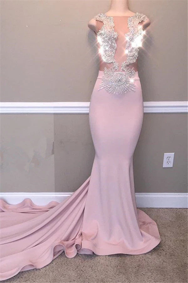 Elegant Mermaid Beads Appliques Prom Dresses | Sheer Tulle Sleeveless Evening Gowns,SSR1150