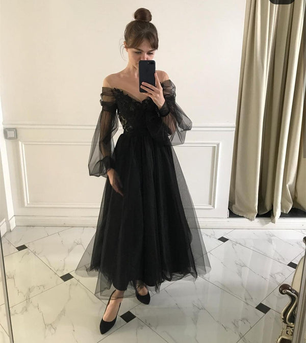 SSR1284,Black Tulle Prom Dresses,Off The Shoulder Evening Dresses,Black Homecoming Dress