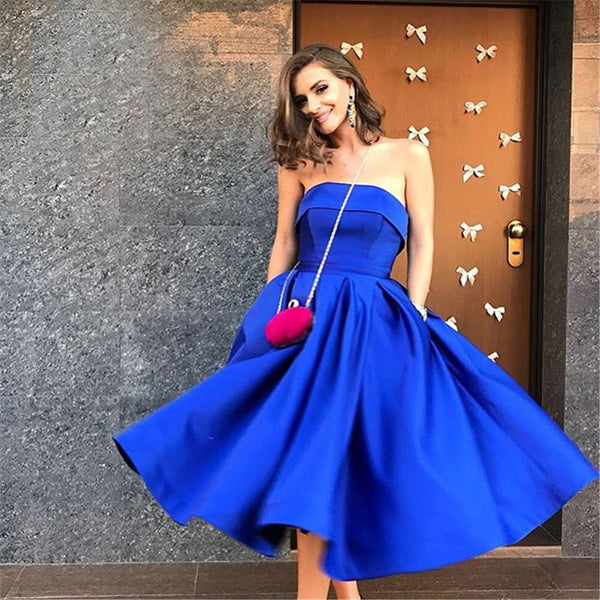 SSR0426,Royal blue homecoming dresses strapless midi dress satin a line short prom dress