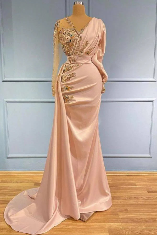 Elegant V-Neck Long Sleeves Mermaid Prom Dress with Gold Sequins Appliques,SSR1124